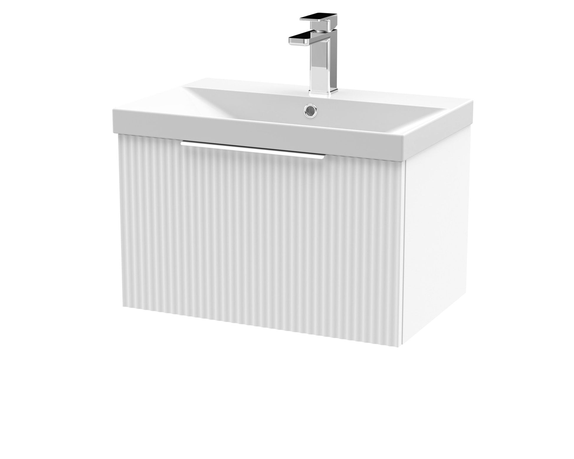 Hudson Reed Fluted 600mm Wall Hung Single Drawer Vanity & Basin 3 Contemp Satin White MFC Painted Gloss 409x610x395mm - JJ Building Materials