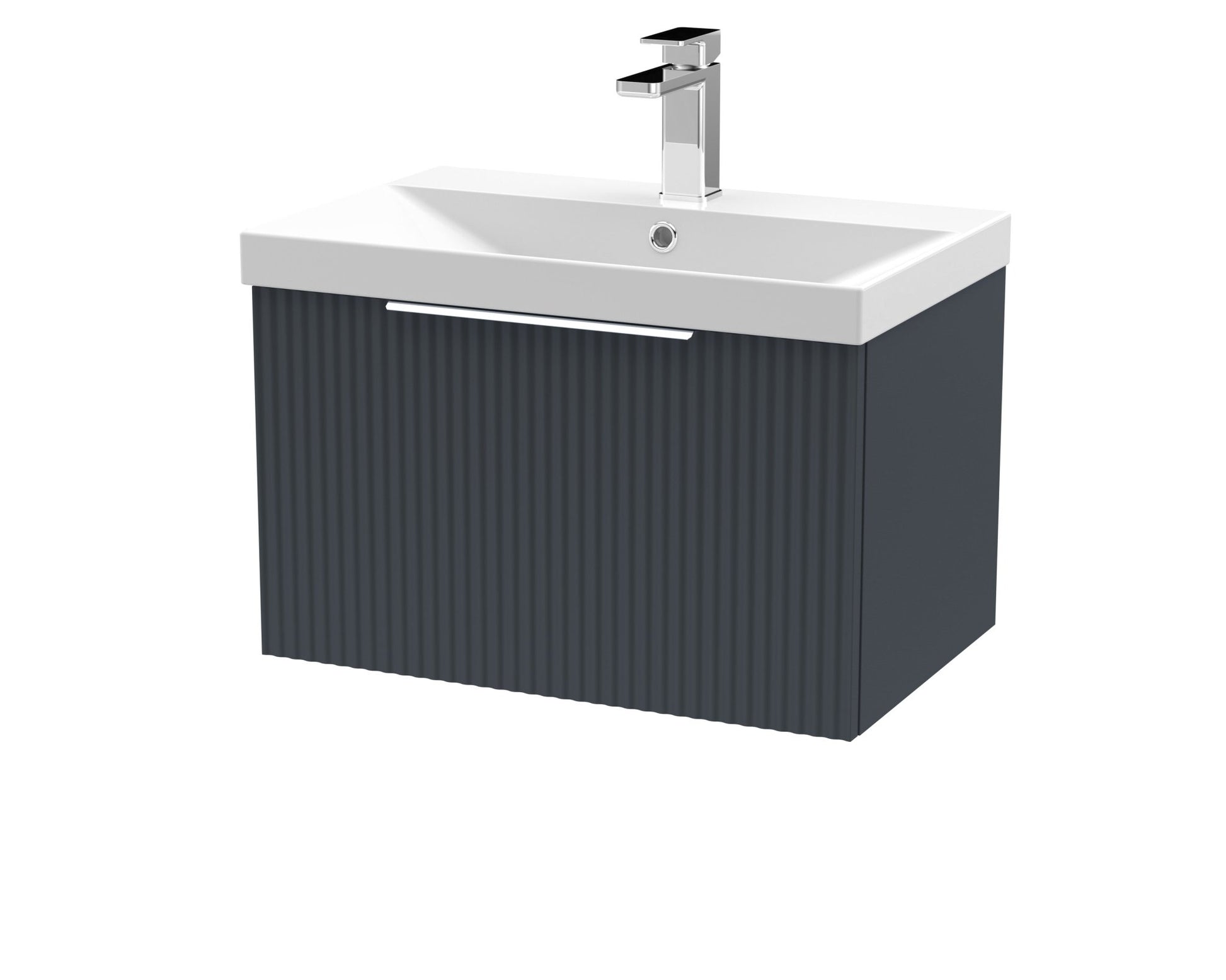 Hudson Reed Fluted 600mm Wall Hung Single Drawer Vanity & Basin 3 Contemp Soft Black MFC Painted Gloss 409x610x395mm - JJ Building Materials