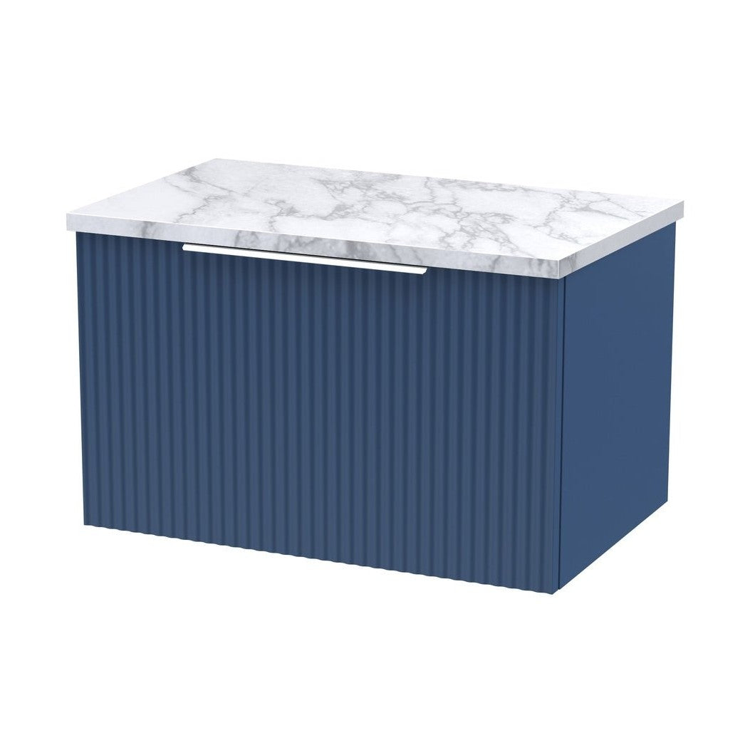 Hudson Reed Fluted 600mm Wall Hung Single Drawer Vanity & Laminate Worktop Contemp Satin Blue MFC Painted Gloss 381x605x390mm - JJ Building Materials