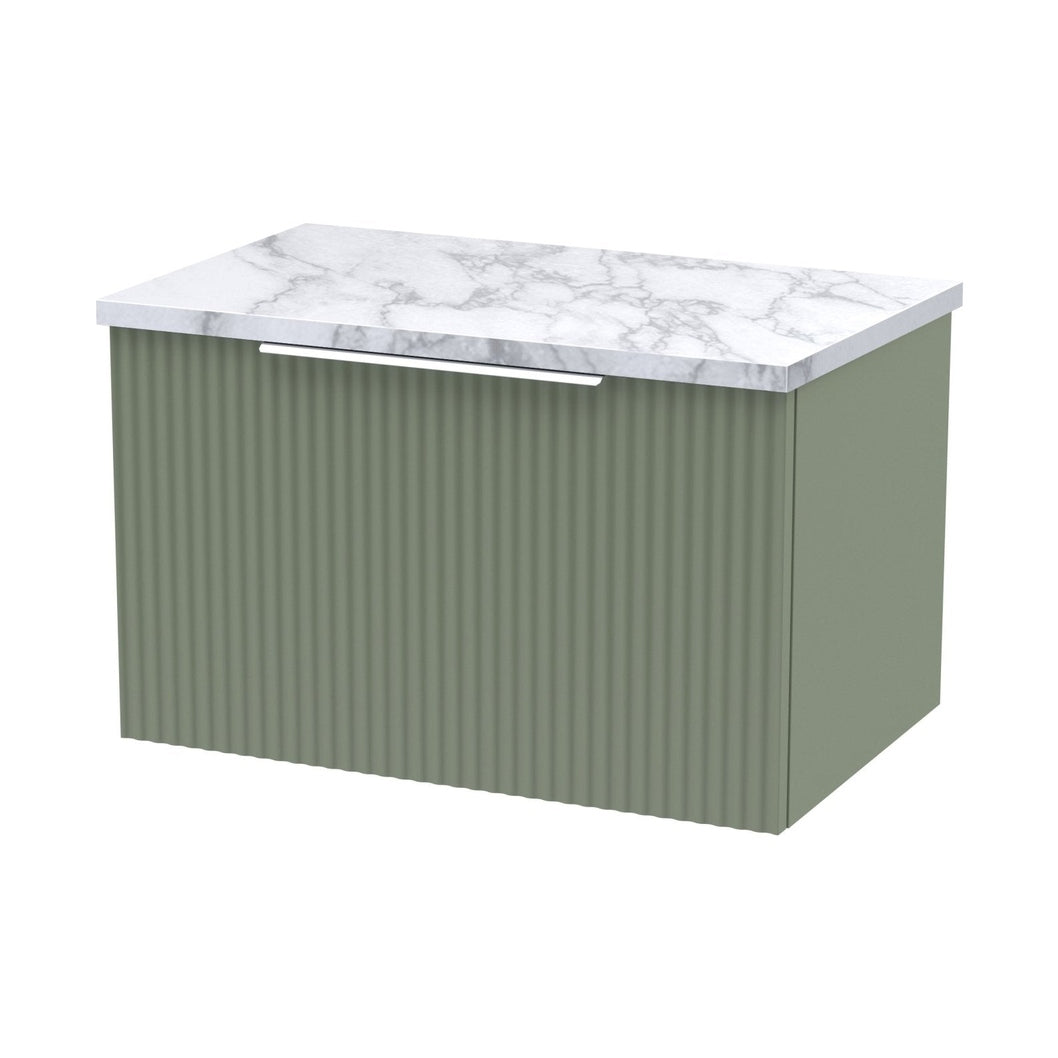 Hudson Reed Fluted 600mm Wall Hung Single Drawer Vanity & Laminate Worktop Contemp Satin Green MFC Painted Gloss 381x605x390mm - JJ Building Materials
