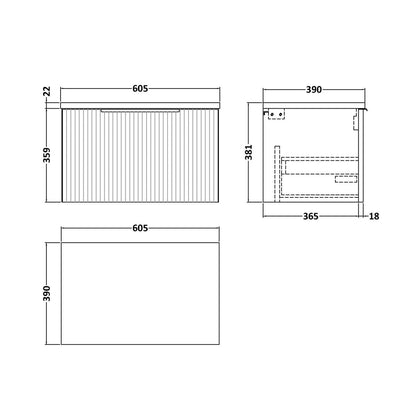 Hudson Reed Fluted 600mm Wall Hung Single Drawer Vanity & Laminate Worktop Contemp Satin Grey MFC Painted Gloss 381x605x390mm - JJ Building Materials