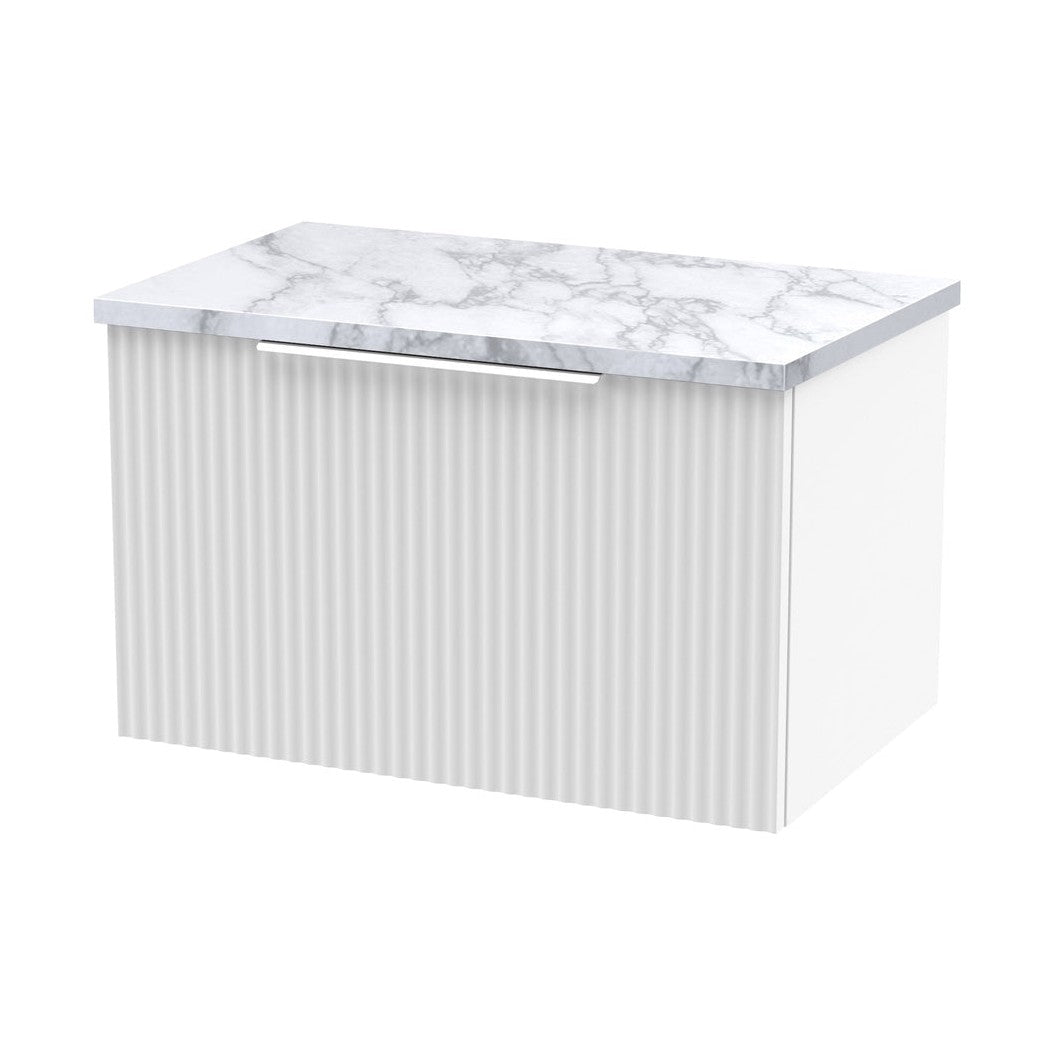 Hudson Reed Fluted 600mm Wall Hung Single Drawer Vanity & Laminate Worktop Contemp Satin White MFC Painted Gloss 381x605x390mm - JJ Building Materials