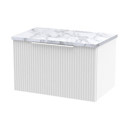Hudson Reed Fluted 600mm Wall Hung Single Drawer Vanity & Laminate Worktop Contemp Satin White MFC Painted Gloss 381x605x390mm - JJ Building Materials