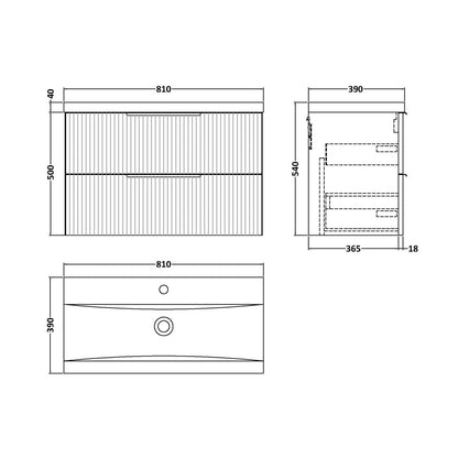 Hudson Reed Fluted 800mm Wall Hung 2 Drawer Vanity & Basin 1 Contemp Satin Green MFC Painted Gloss 540x810x390mm - JJ Building Materials