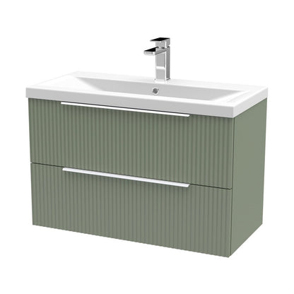 Hudson Reed Fluted 800mm Wall Hung 2 Drawer Vanity & Basin 1 Contemp Satin Green MFC Painted Gloss 540x810x390mm - JJ Building Materials