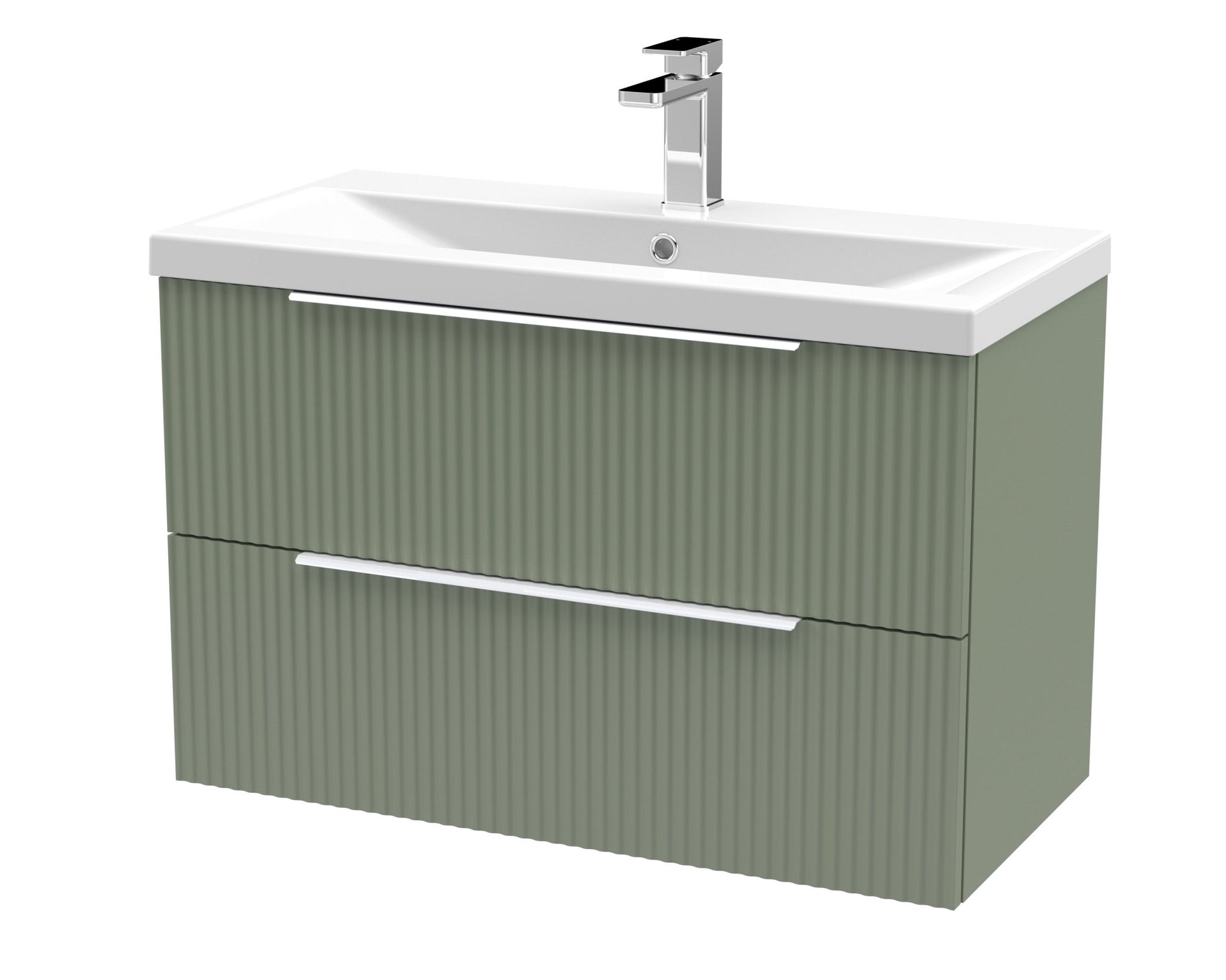Hudson Reed Fluted 800mm Wall Hung 2 Drawer Vanity & Basin 1 Contemp Satin Green MFC Painted Gloss 540x810x390mm - JJ Building Materials