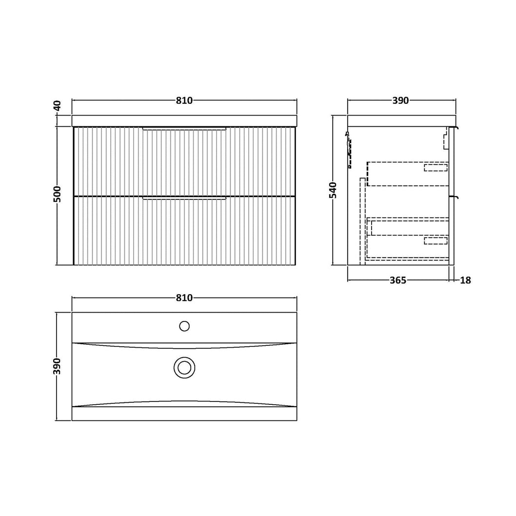 Hudson Reed Fluted 800mm Wall Hung 2 Drawer Vanity & Basin 1 Contemp Satin Grey MFC Painted Gloss 540x810x390mm - JJ Building Materials