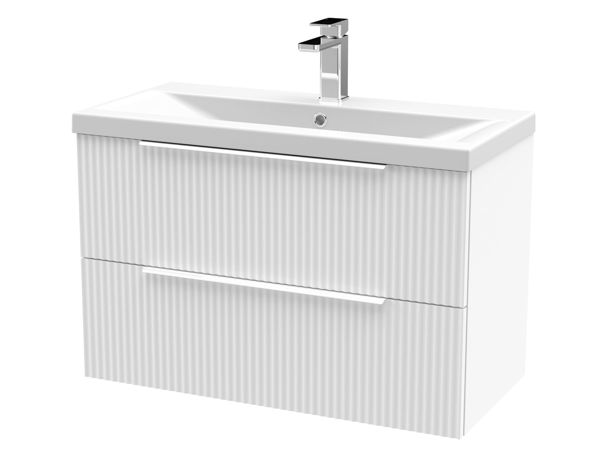 Hudson Reed Fluted 800mm Wall Hung 2 Drawer Vanity & Basin 1 Contemp Satin White MFC Painted Gloss 540x810x390mm - JJ Building Materials