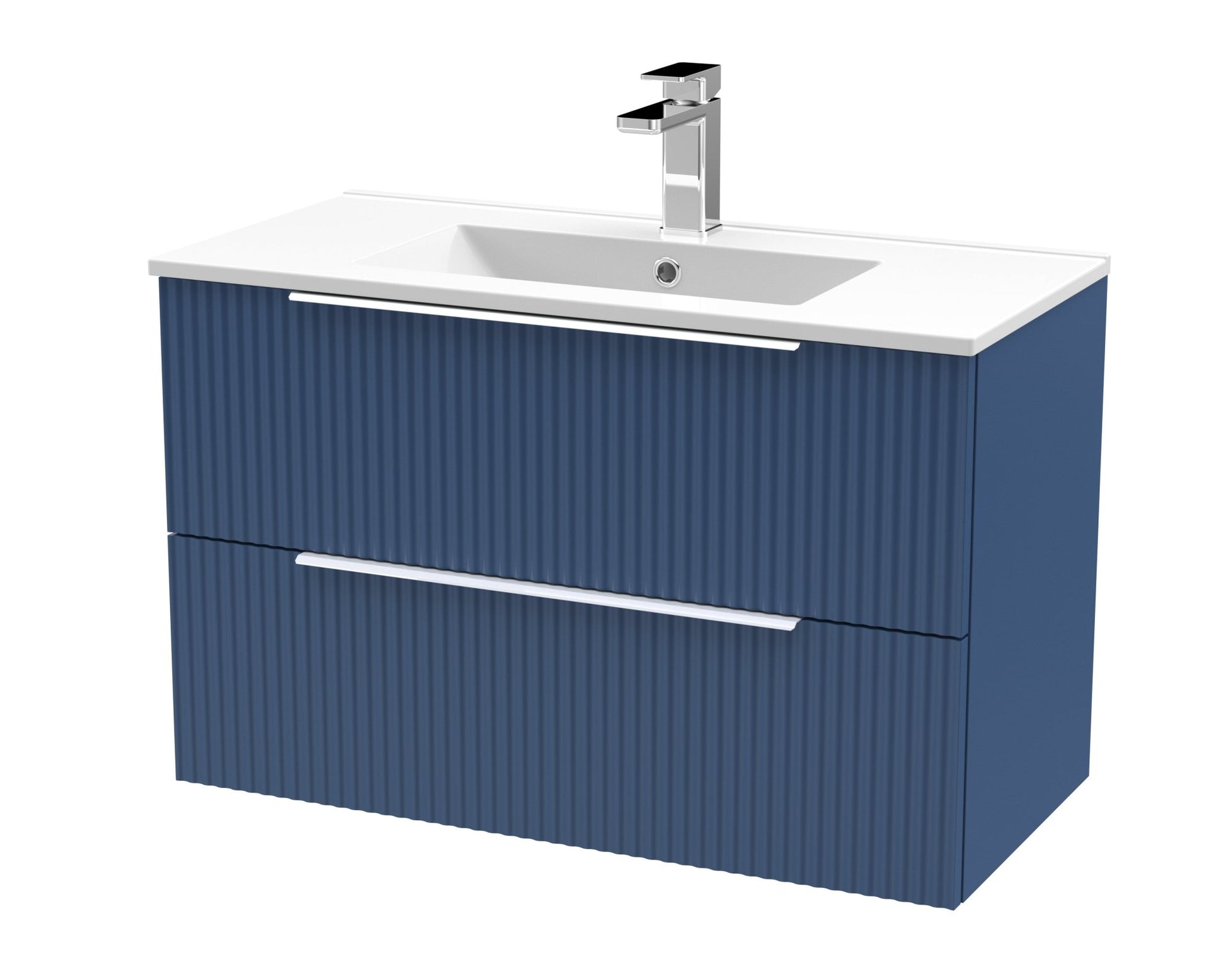 Hudson Reed Fluted 800mm Wall Hung 2 Drawer Vanity & Basin 2 Contemp Satin Blue MFC Painted Gloss 518x800x390mm - JJ Building Materials