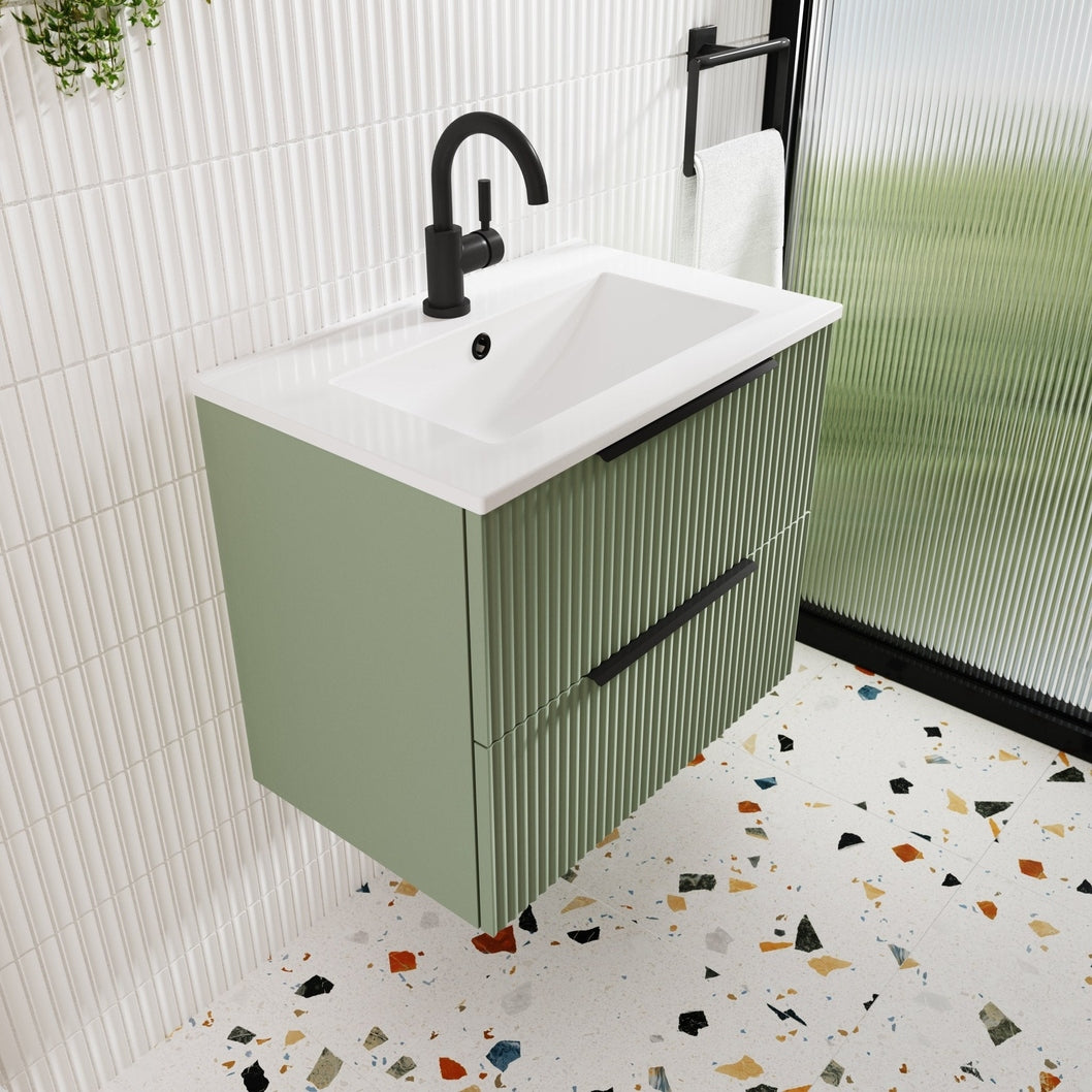 Hudson Reed Fluted 800mm Wall Hung 2 Drawer Vanity & Basin 2 Contemp Satin Green MFC Painted Gloss 518x800x390mm - JJ Building Materials