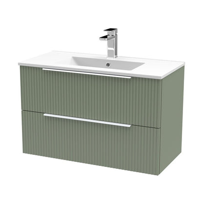 Hudson Reed Fluted 800mm Wall Hung 2 Drawer Vanity & Basin 2 Contemp Satin Green MFC Painted Gloss 518x800x390mm - JJ Building Materials
