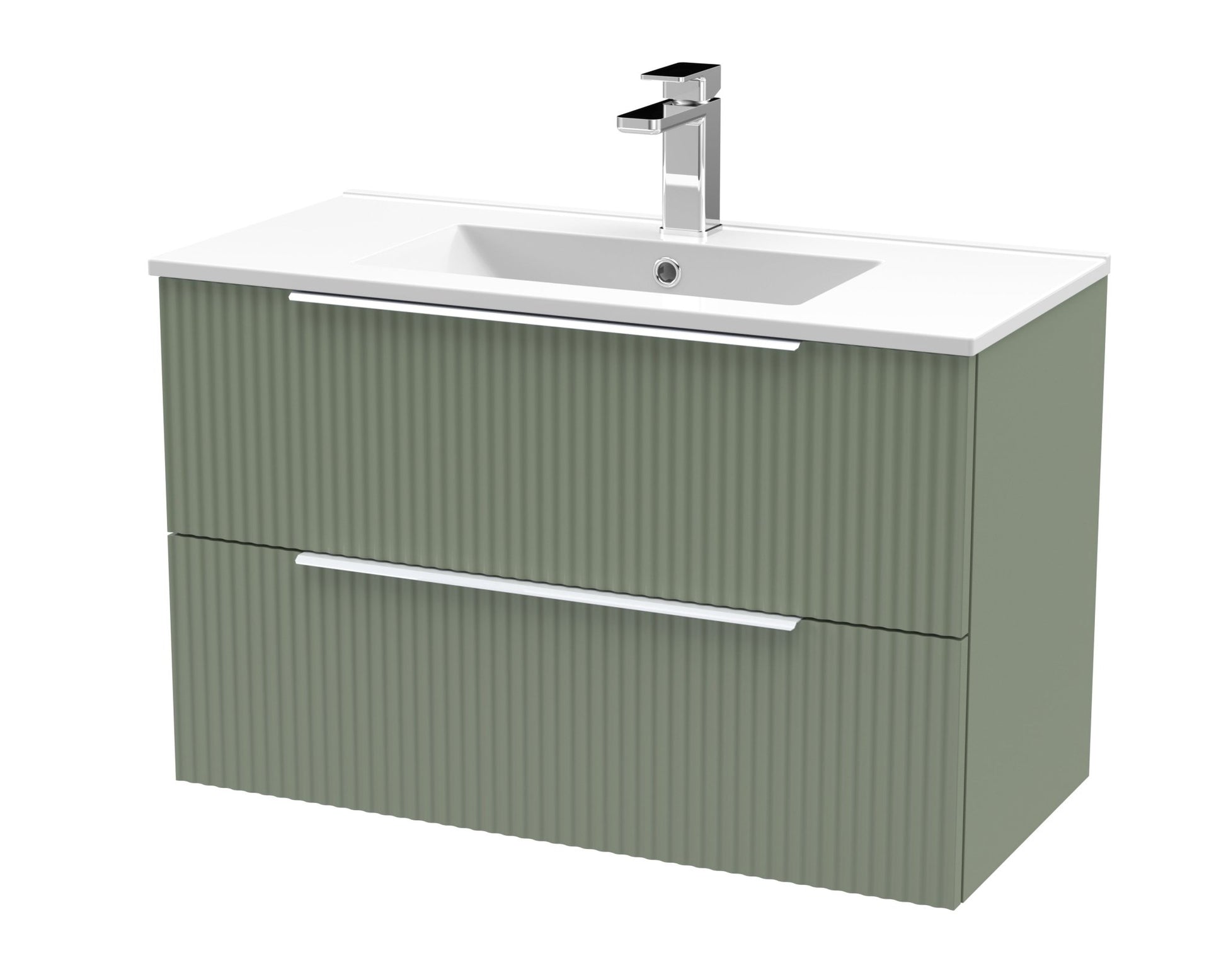 Hudson Reed Fluted 800mm Wall Hung 2 Drawer Vanity & Basin 2 Contemp Satin Green MFC Painted Gloss 518x800x390mm - JJ Building Materials
