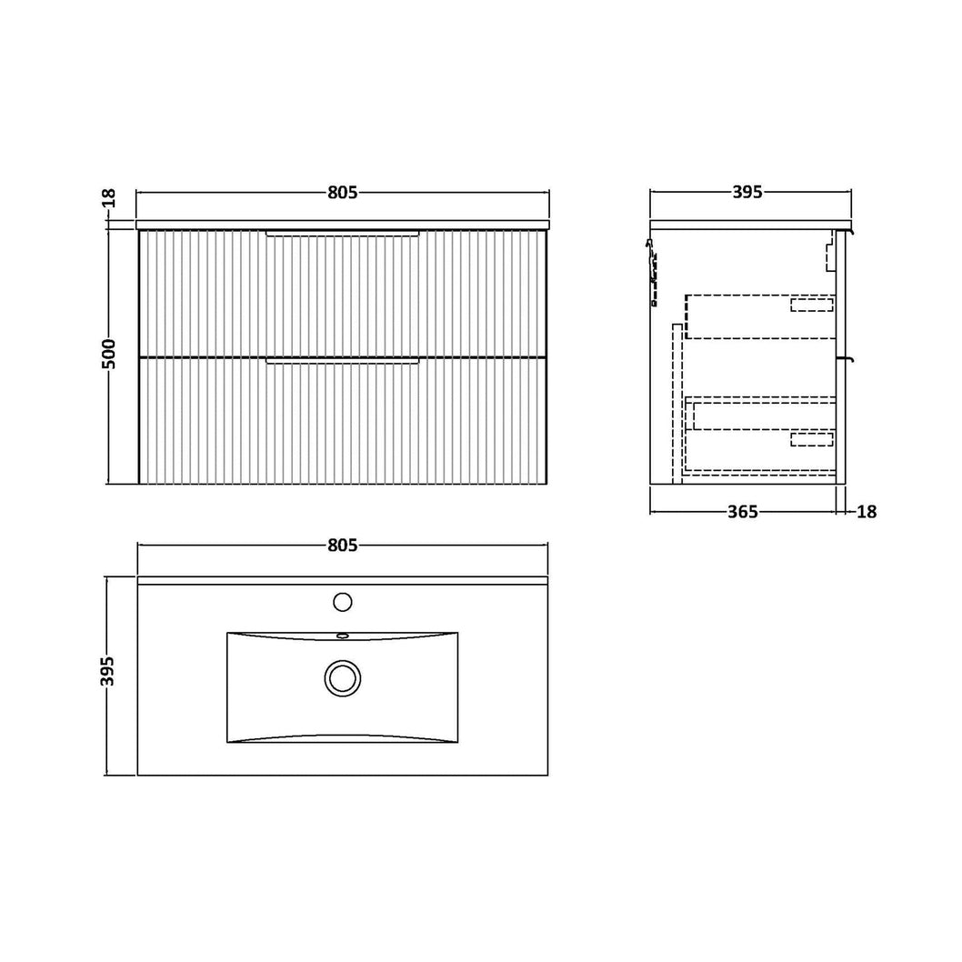 Hudson Reed Fluted 800mm Wall Hung 2 Drawer Vanity & Basin 2 Contemp Satin White MFC Painted Gloss 518x800x390mm - JJ Building Materials
