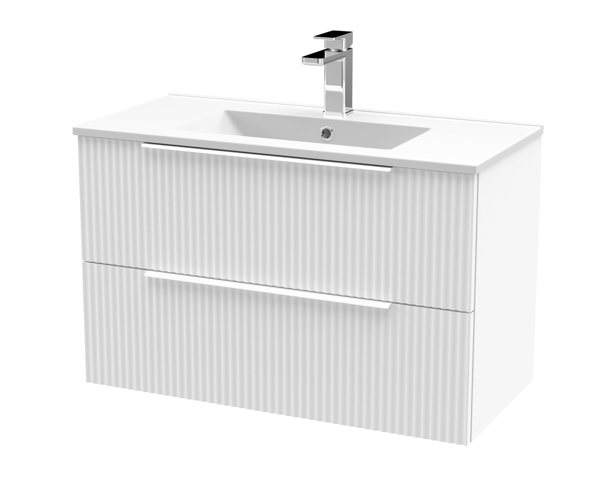 Hudson Reed Fluted 800mm Wall Hung 2 Drawer Vanity & Basin 2 Contemp Satin White MFC Painted Gloss 518x800x390mm - JJ Building Materials