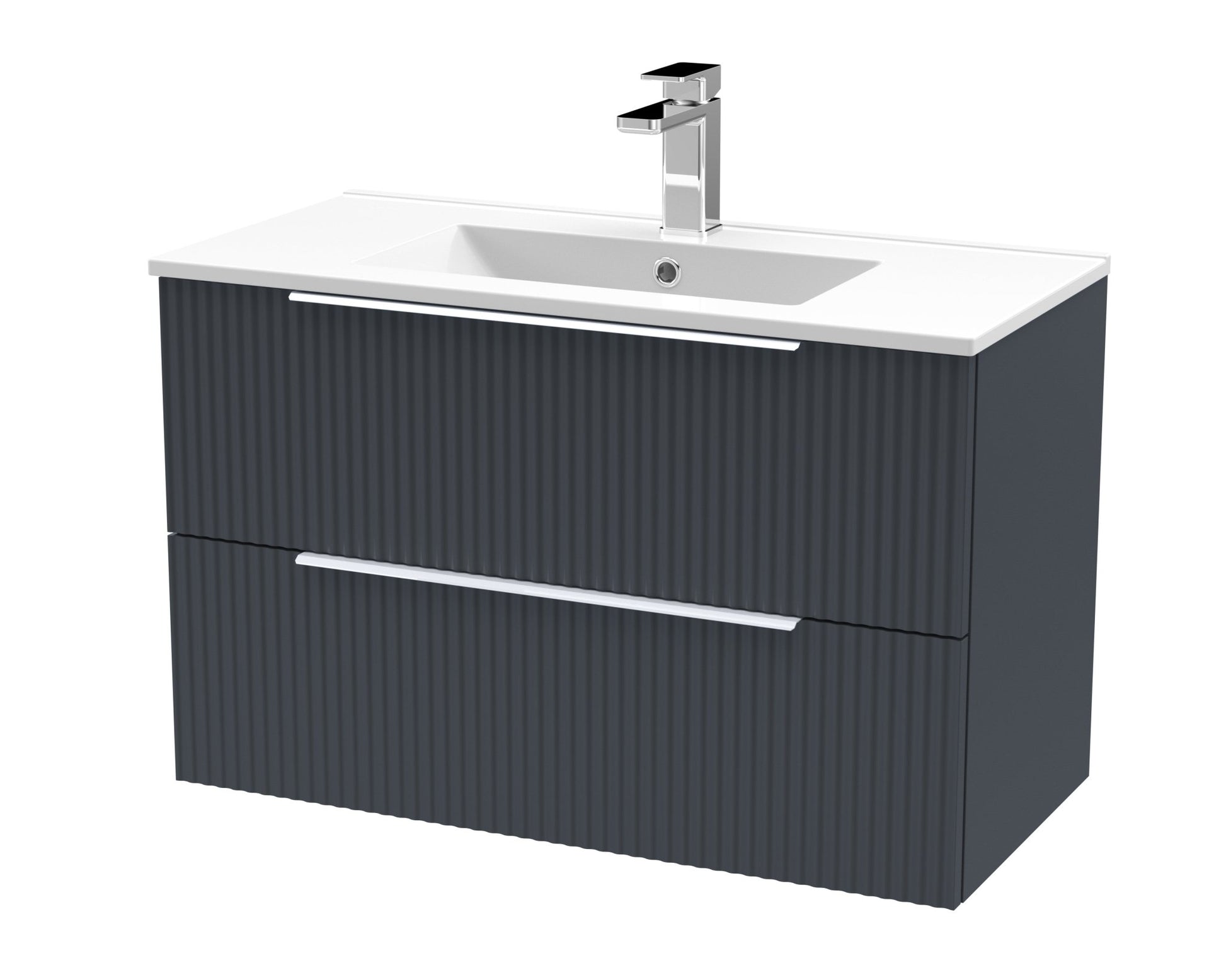 Hudson Reed Fluted 800mm Wall Hung 2 Drawer Vanity & Basin 2 Contemp Soft Black MFC Painted Gloss 518x800x390mm - JJ Building Materials