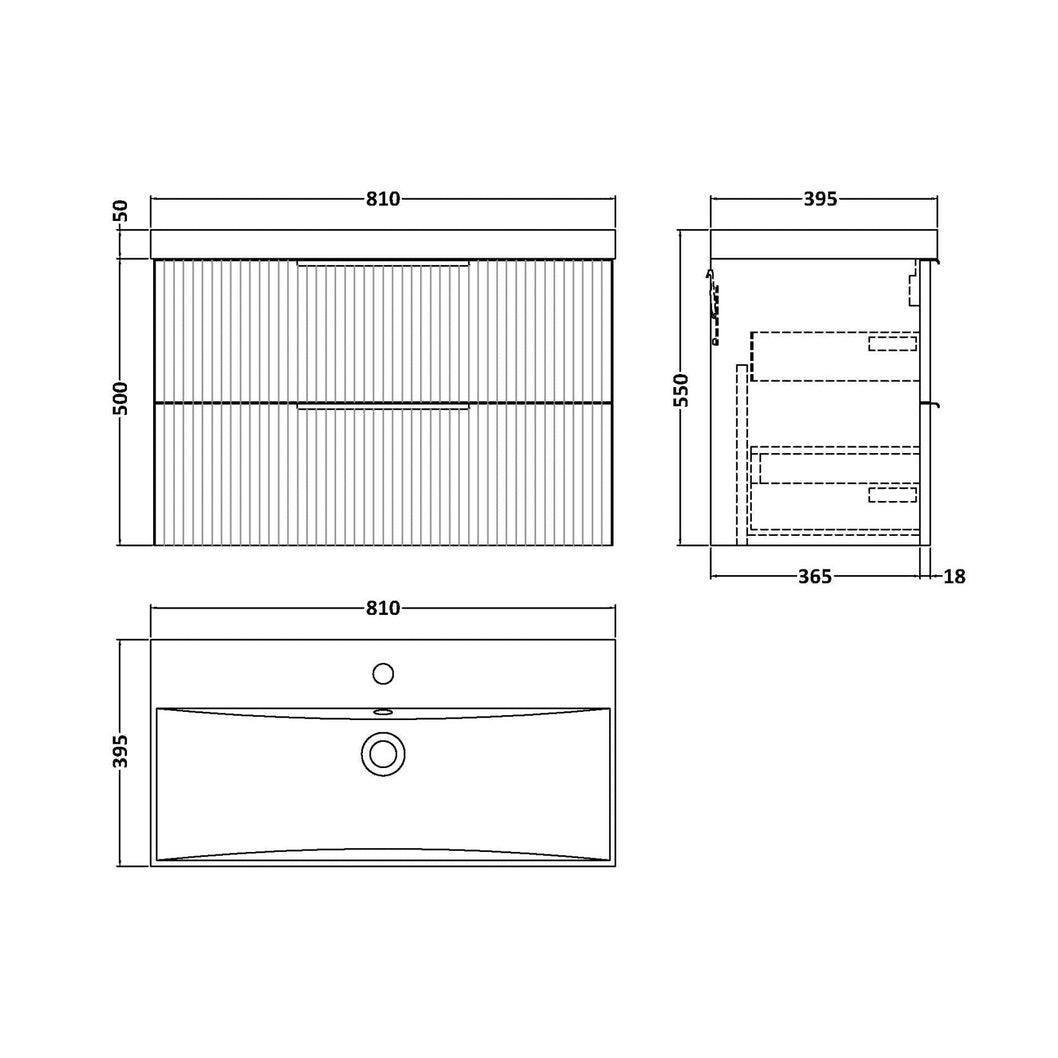 Hudson Reed Fluted 800mm Wall Hung 2 Drawer Vanity & Basin 3 Contemp Satin Green MFC Painted Gloss 550x810x395mm - JJ Building Materials