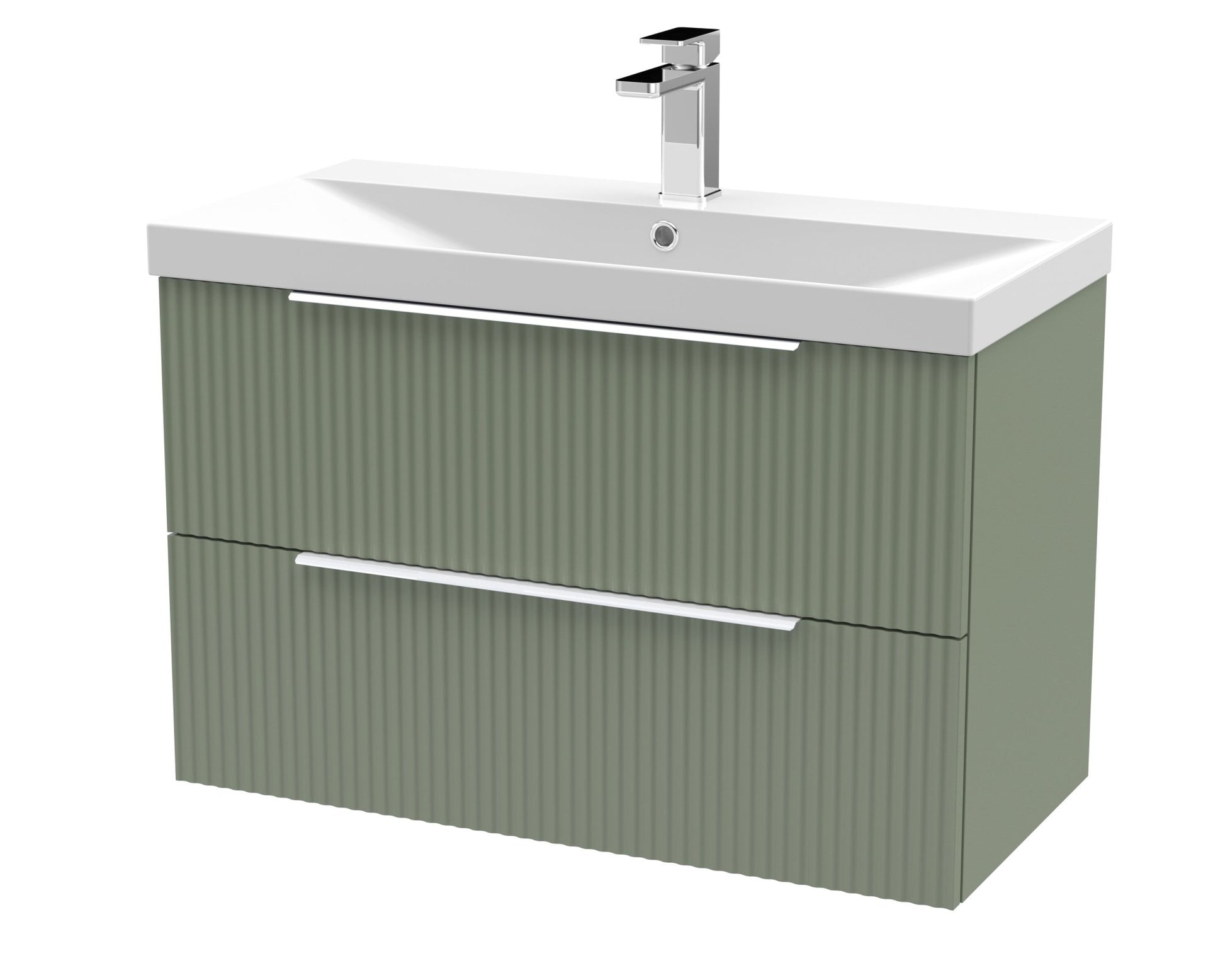 Hudson Reed Fluted 800mm Wall Hung 2 Drawer Vanity & Basin 3 Contemp Satin Green MFC Painted Gloss 550x810x395mm - JJ Building Materials