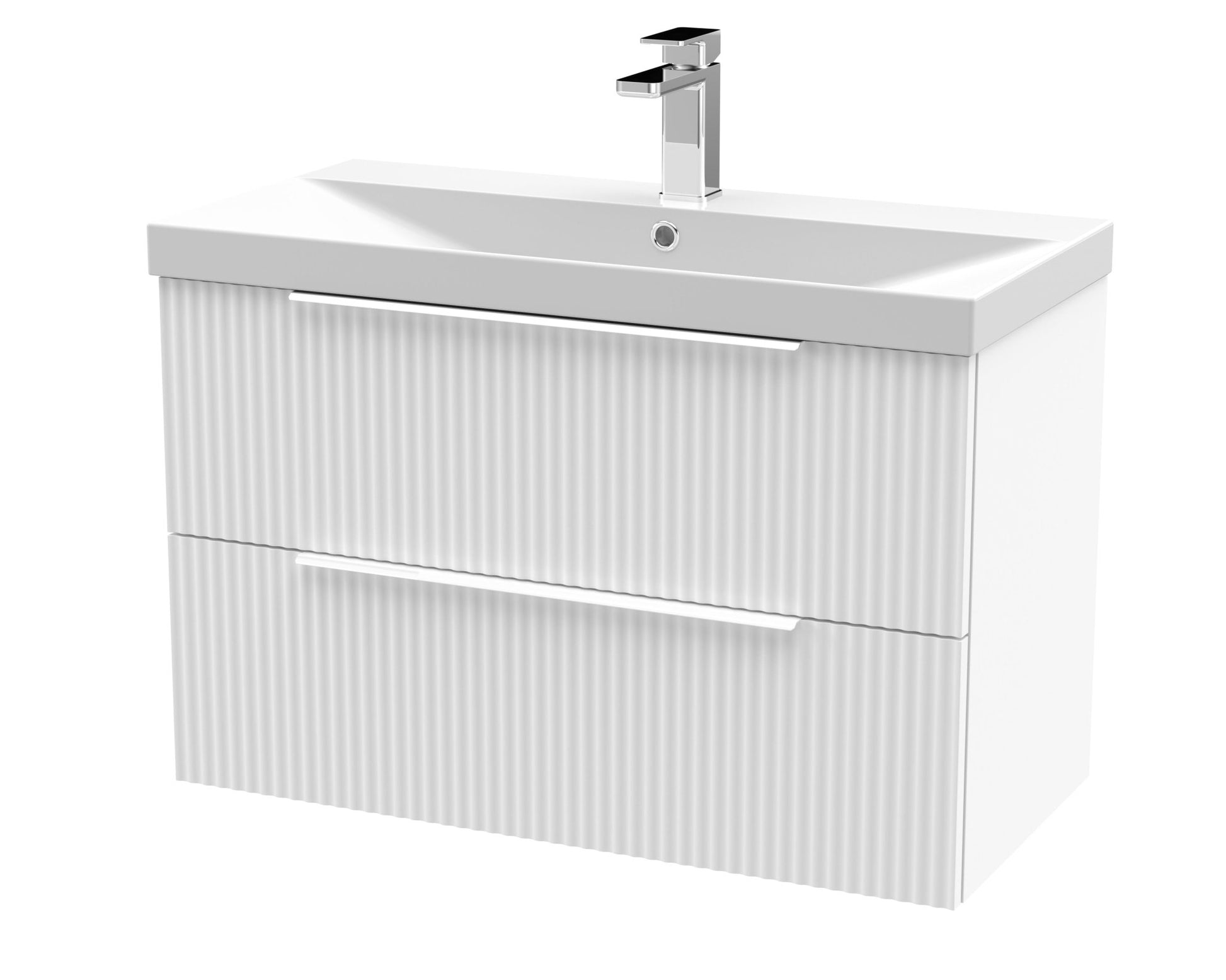 Hudson Reed Fluted 800mm Wall Hung 2 Drawer Vanity & Basin 3 Contemp Satin White MFC Painted Gloss 550x810x395mm - JJ Building Materials