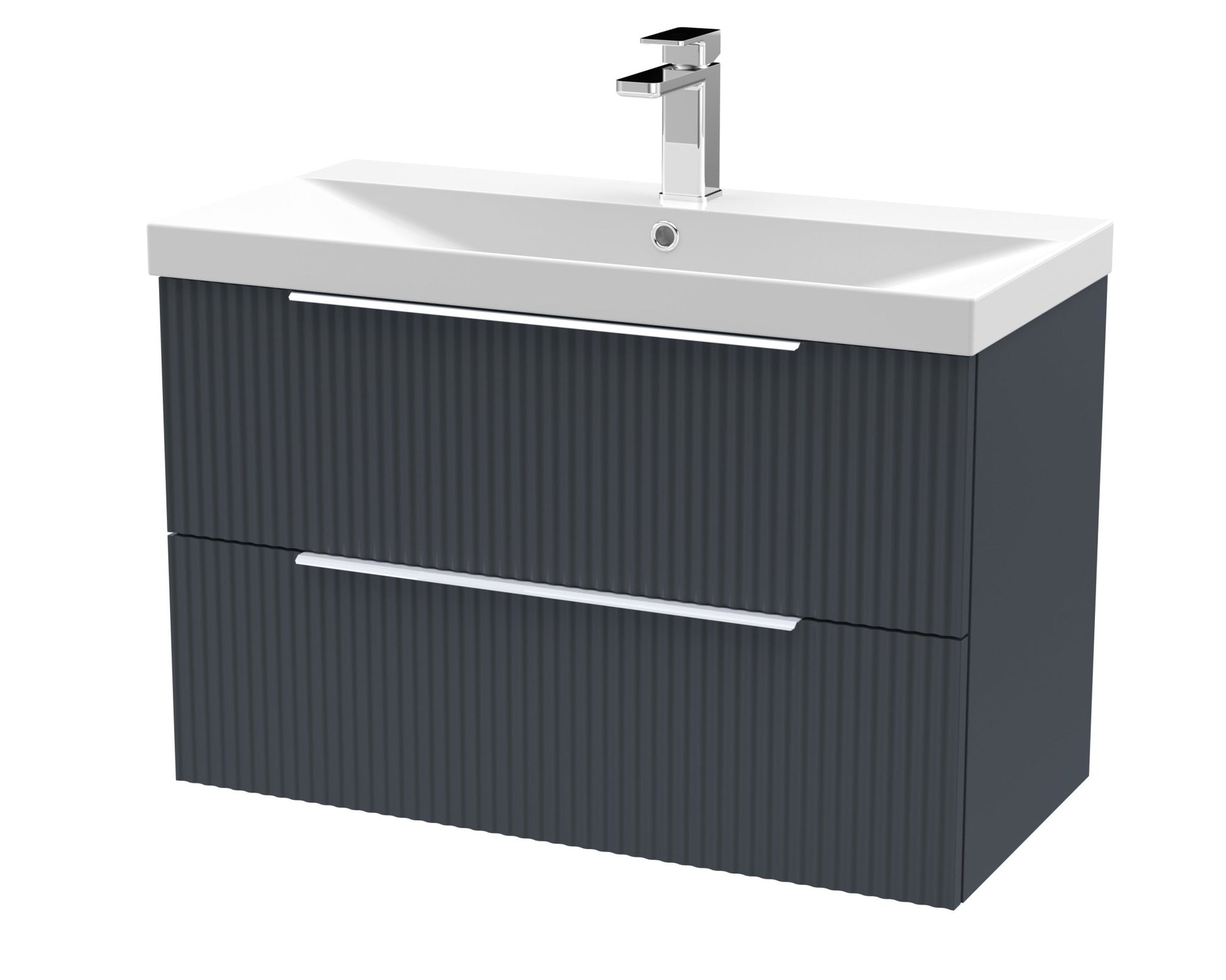 Hudson Reed Fluted 800mm Wall Hung 2 Drawer Vanity & Basin 3 Contemp Soft Black MFC Painted Gloss 550x810x395mm - JJ Building Materials