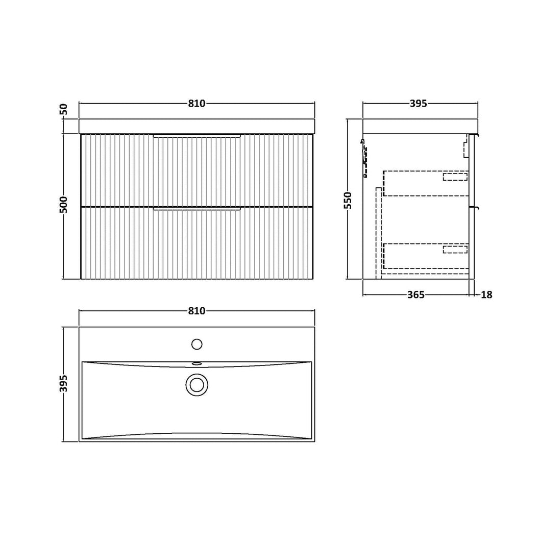 Hudson Reed Fluted 800mm Wall Hung 2 Drawer Vanity & Basin 3 Contemp Soft Black MFC Painted Gloss 550x810x395mm - JJ Building Materials