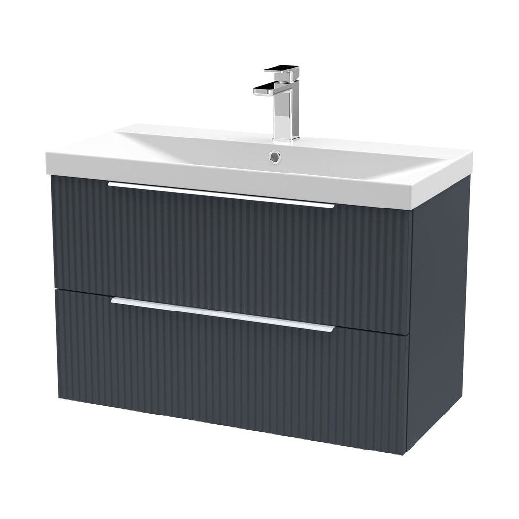 Hudson Reed Fluted 800mm Wall Hung 2 Drawer Vanity & Basin 3 Contemp Soft Black MFC Painted Gloss 550x810x395mm - JJ Building Materials