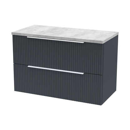 Hudson Reed Fluted 800mm Wall Hung 2 Drawer Vanity & Laminate Top Contemp Soft Black MFC Painted Gloss 522x805x390mm - DFF1495LBG - JJ Building Materials