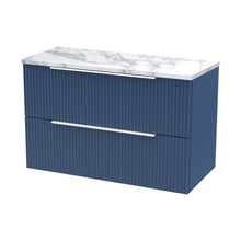 Hudson Reed Fluted 800mm Wall Hung 2-drawer Vanity & Laminate Worktop Contemp Satin Blue MFC Painted Gloss 522x805x390mm - JJ Building Materials