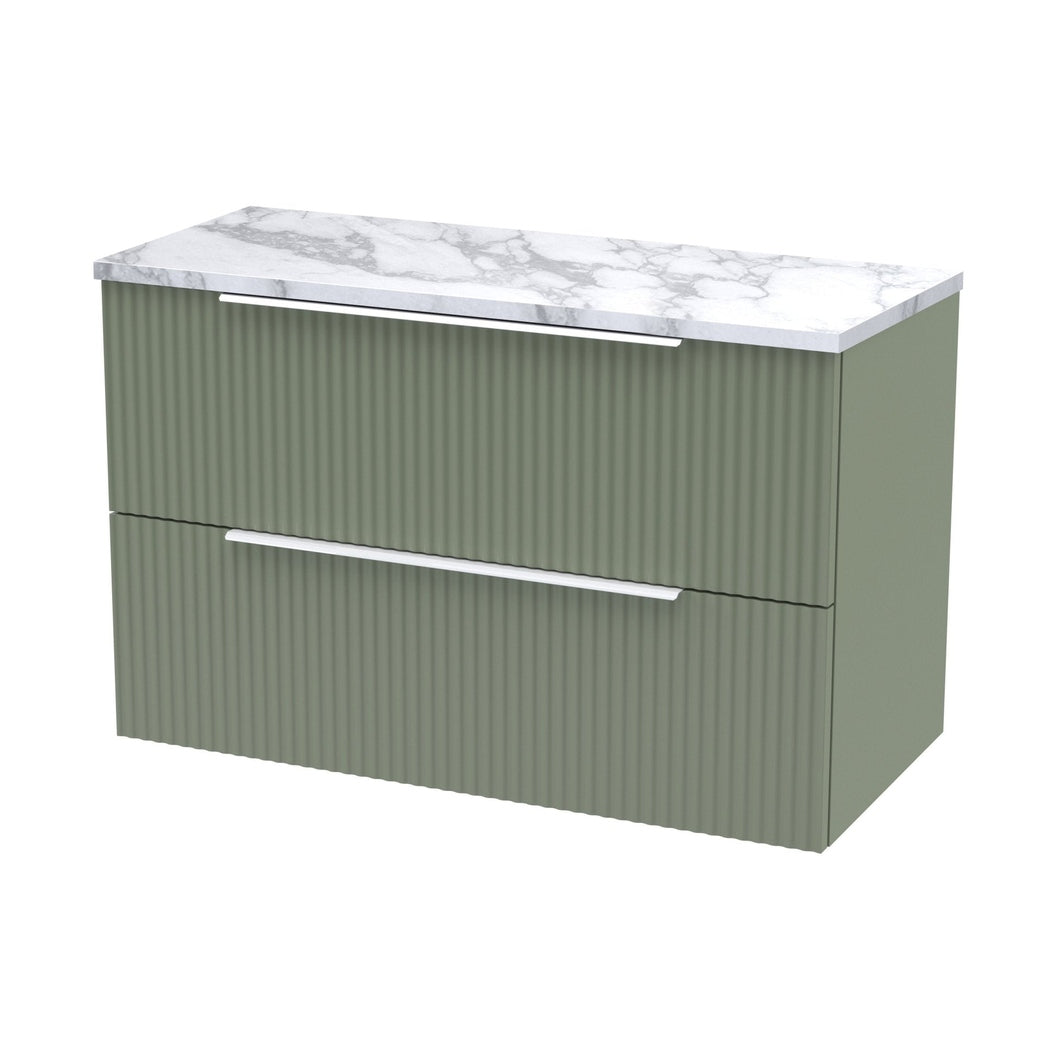 Hudson Reed Fluted 800mm Wall Hung 2-drawer Vanity & Laminate Worktop Contemp Satin Green MFC Painted Gloss 522x805x390mm - JJ Building Materials