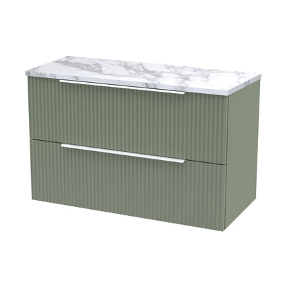 Hudson Reed Fluted 800mm Wall Hung 2-drawer Vanity & Laminate Worktop Contemp Satin Green MFC Painted Gloss 522x805x390mm - JJ Building Materials