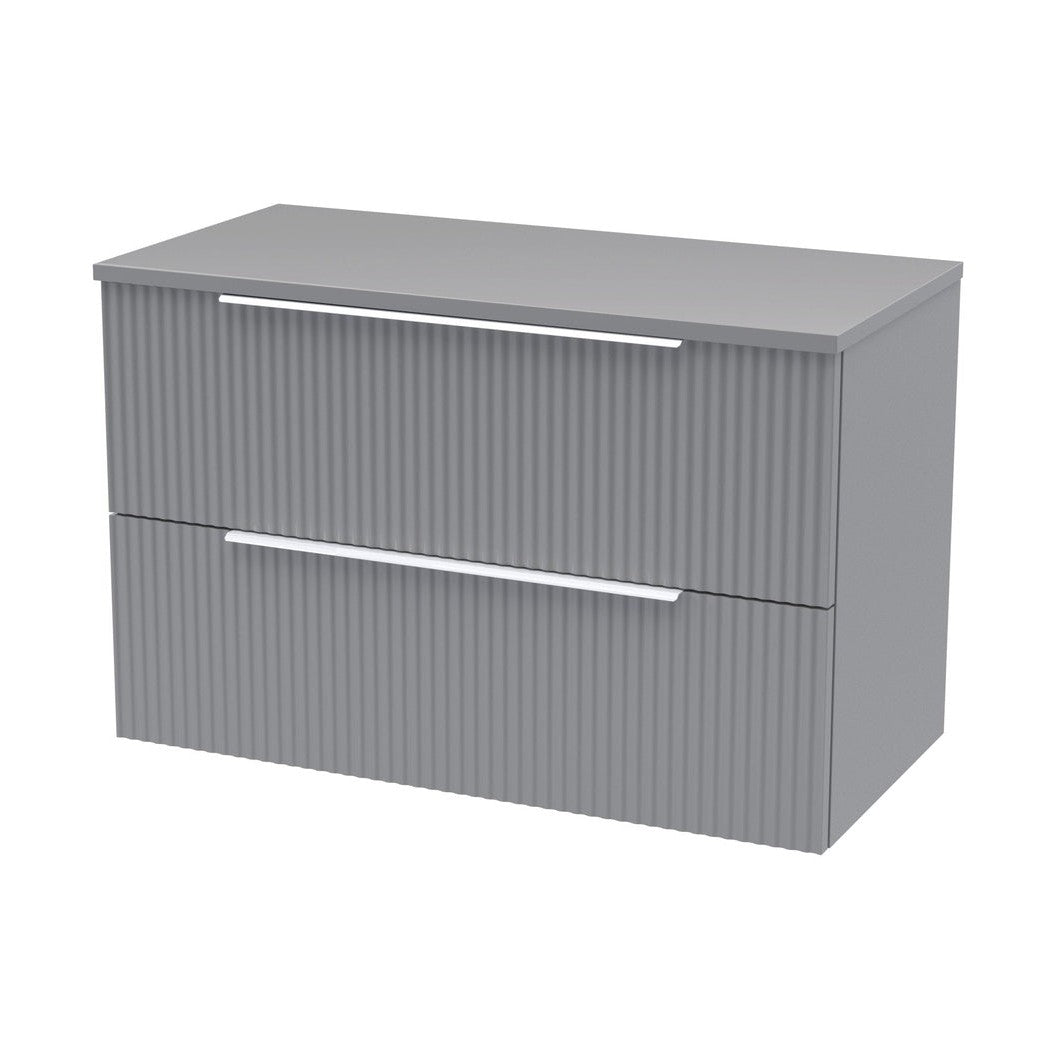 Hudson Reed Fluted 800mm Wall Hung 2 Drawer Vanity & Worktop Contemp Satin Grey MFC Painted Gloss 518x805x390mm - JJ Building Materials