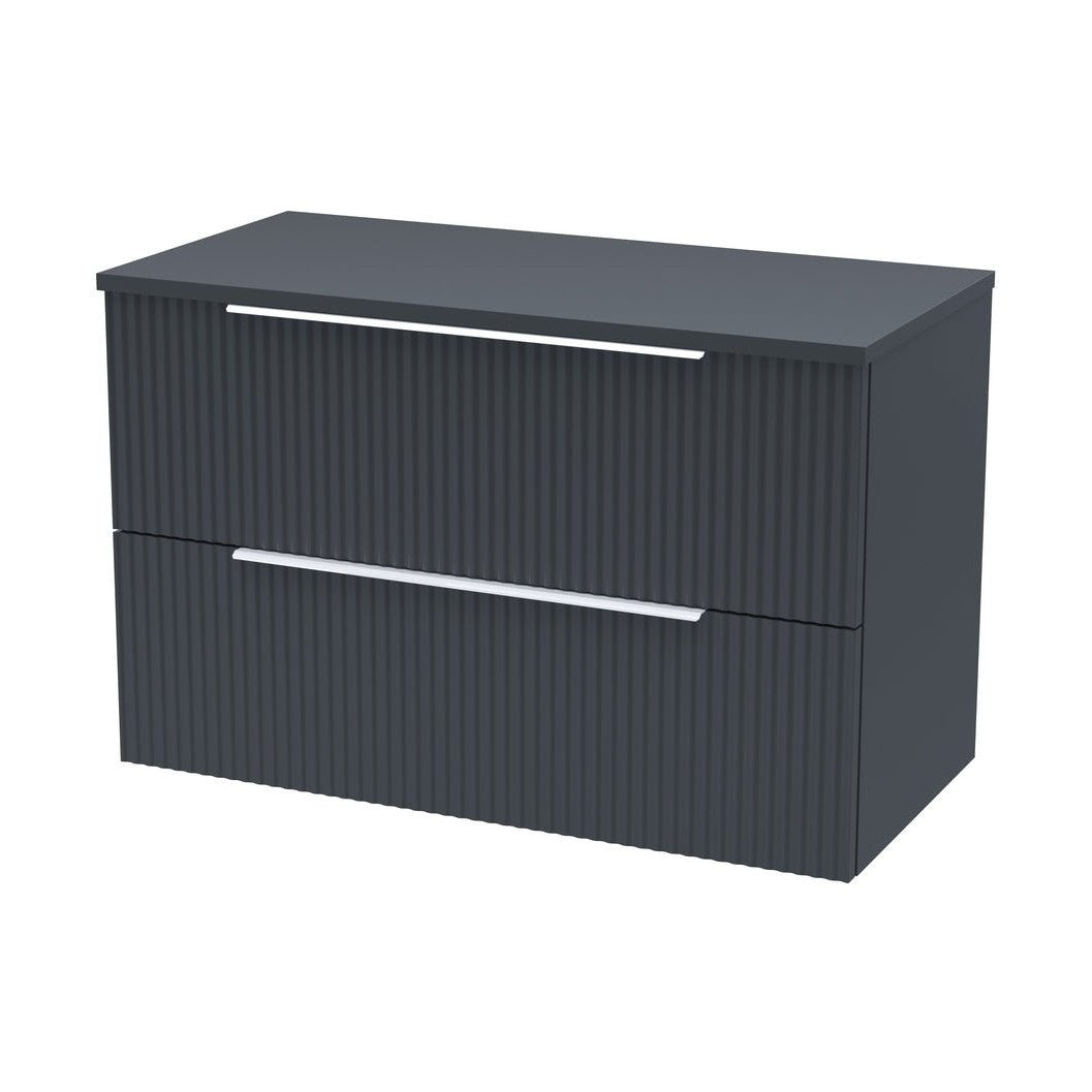 Hudson Reed Fluted 800mm Wall Hung 2 Drawer Vanity & Worktop Contemp Soft Black MFC Painted Gloss 518x805x390mm - JJ Building Materials