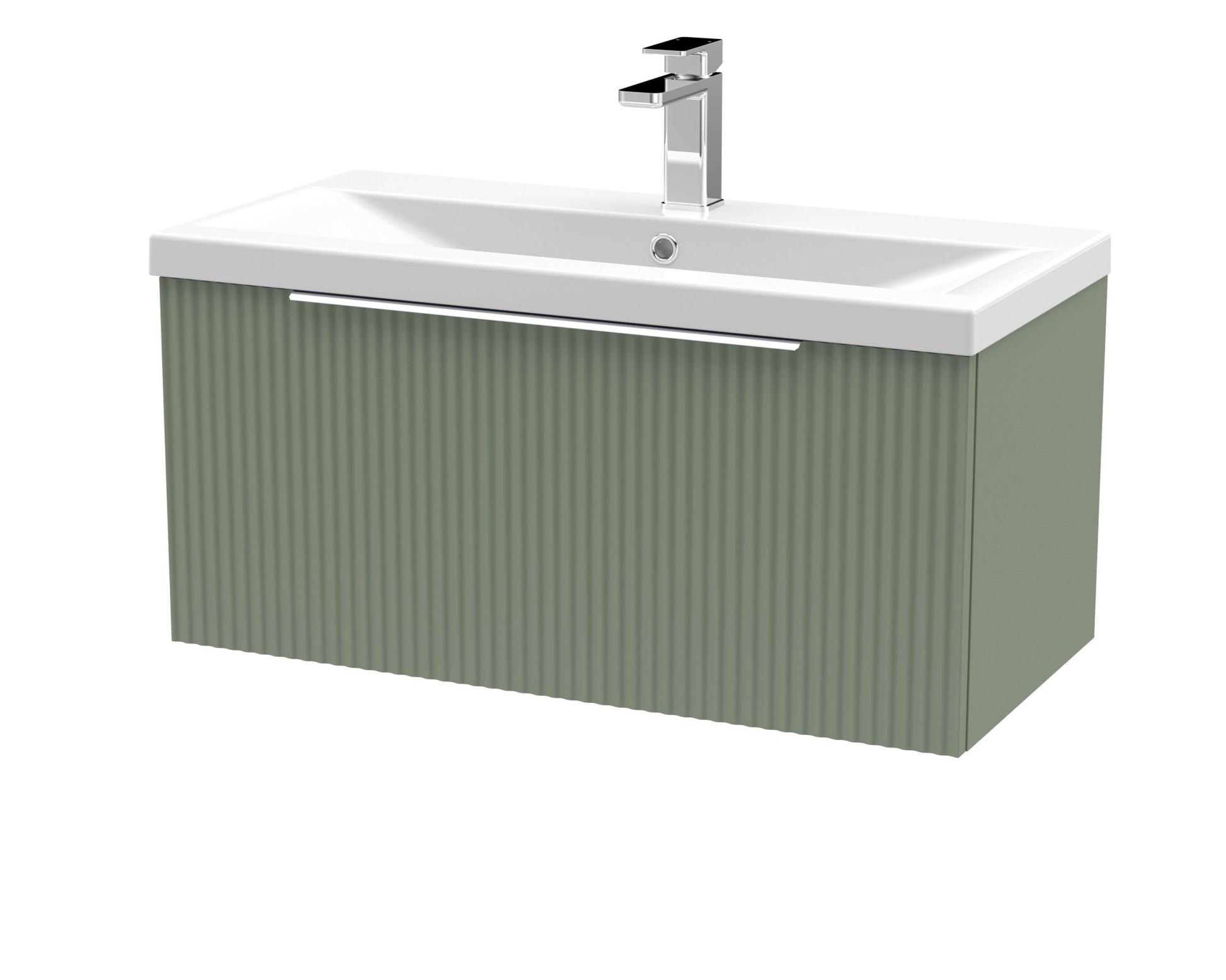 Hudson Reed Fluted 800mm Wall Hung Single Drawer Vanity & Basin 1 Contemp Satin Green MFC Painted Gloss 399x810x390mm - JJ Building Materials
