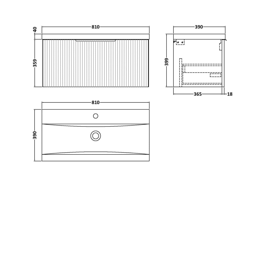 Hudson Reed Fluted 800mm Wall Hung Single Drawer Vanity & Basin 1 Contemp Satin Green MFC Painted Gloss 399x810x390mm - JJ Building Materials
