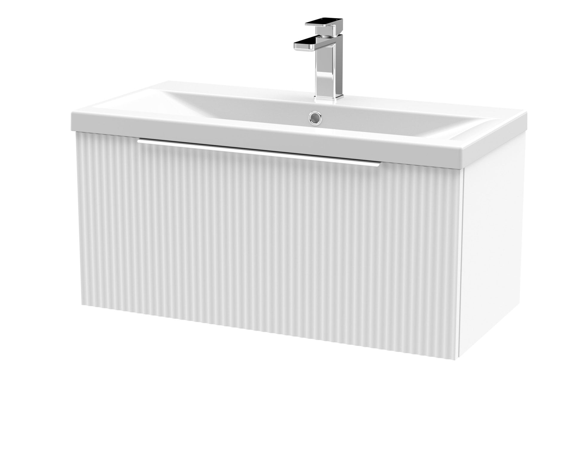 Hudson Reed Fluted 800mm Wall Hung Single Drawer Vanity & Basin 1 Contemp Satin White MFC Painted Gloss 399x810x390mm - JJ Building Materials
