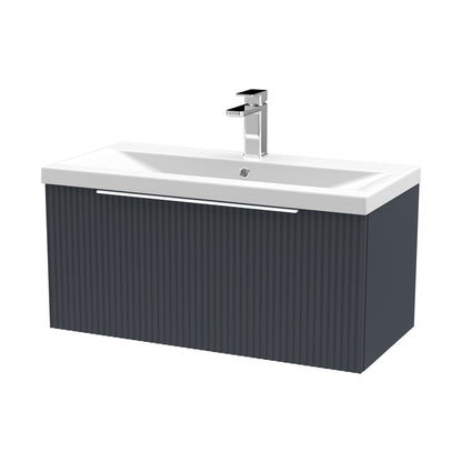 Hudson Reed Fluted 800mm Wall Hung Single Drawer Vanity & Basin 1 Contemp Soft Black MFC Painted Gloss 399x810x390mm - JJ Building Materials