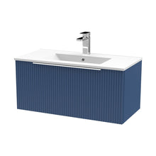 Hudson Reed Fluted 800mm Wall Hung Single Drawer Vanity & Basin 2 Contemp Satin Blue MFC Painted Gloss 377x800x390mm - JJ Building Materials
