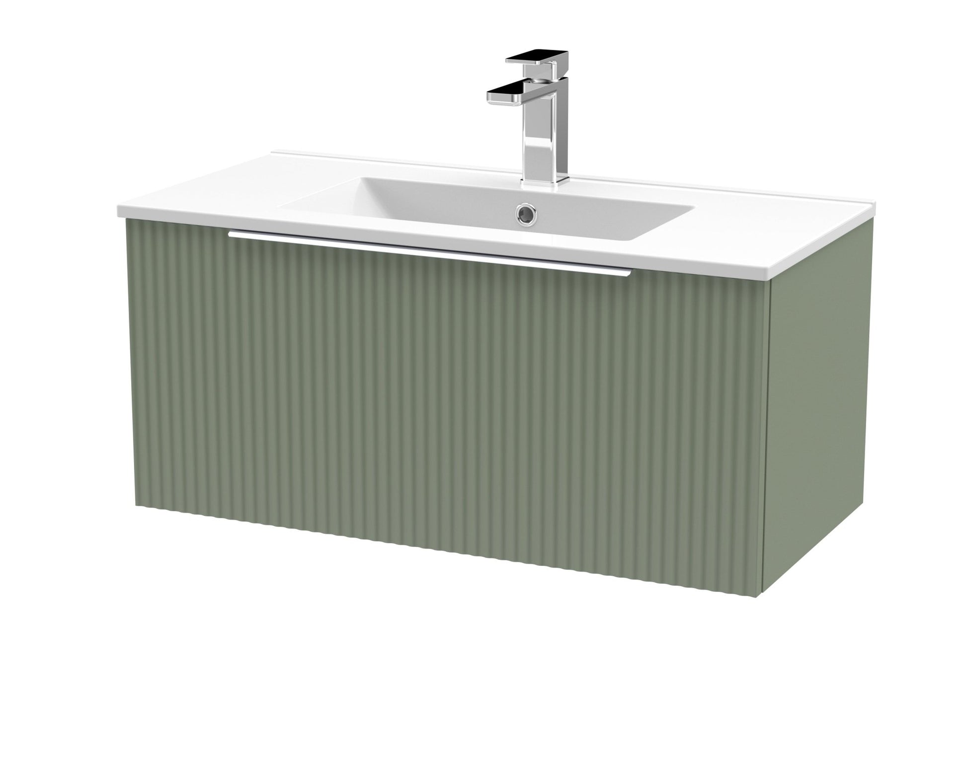 Hudson Reed Fluted 800mm Wall Hung Single Drawer Vanity & Basin 2 Contemp Satin Green MFC Painted Gloss 377x800x390mm - JJ Building Materials