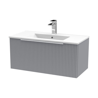 Hudson Reed Fluted 800mm Wall Hung Single Drawer Vanity & Basin 2 Contemp Satin Grey MFC Painted Gloss 377x800x390mm - JJ Building Materials