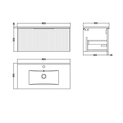 Hudson Reed Fluted 800mm Wall Hung Single Drawer Vanity & Basin 2 Contemp Satin Grey MFC Painted Gloss 377x800x390mm - JJ Building Materials