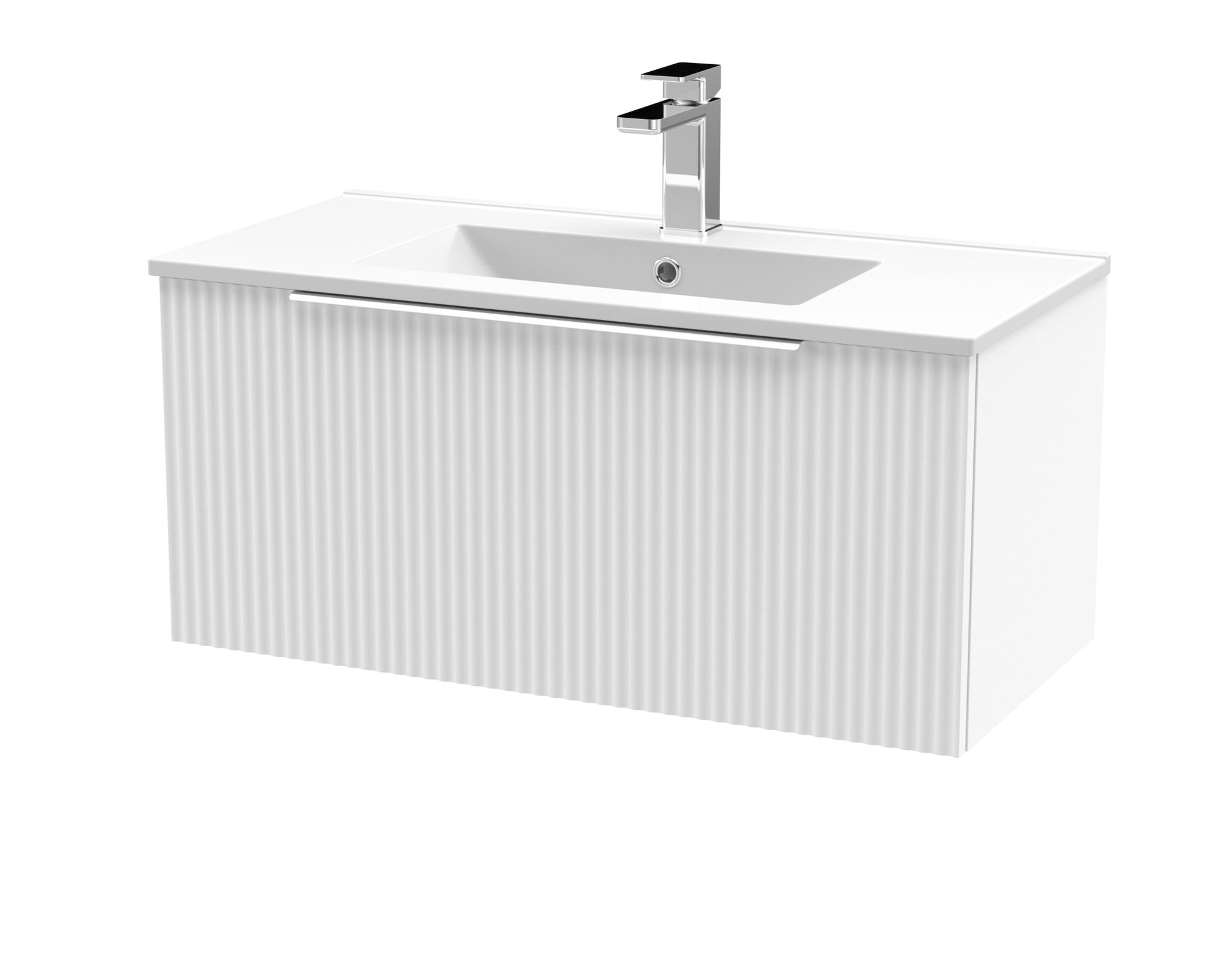 Hudson Reed Fluted 800mm Wall Hung Single Drawer Vanity & Basin 2 Contemp Satin White MFC Painted Gloss 377x800x390mm - JJ Building Materials