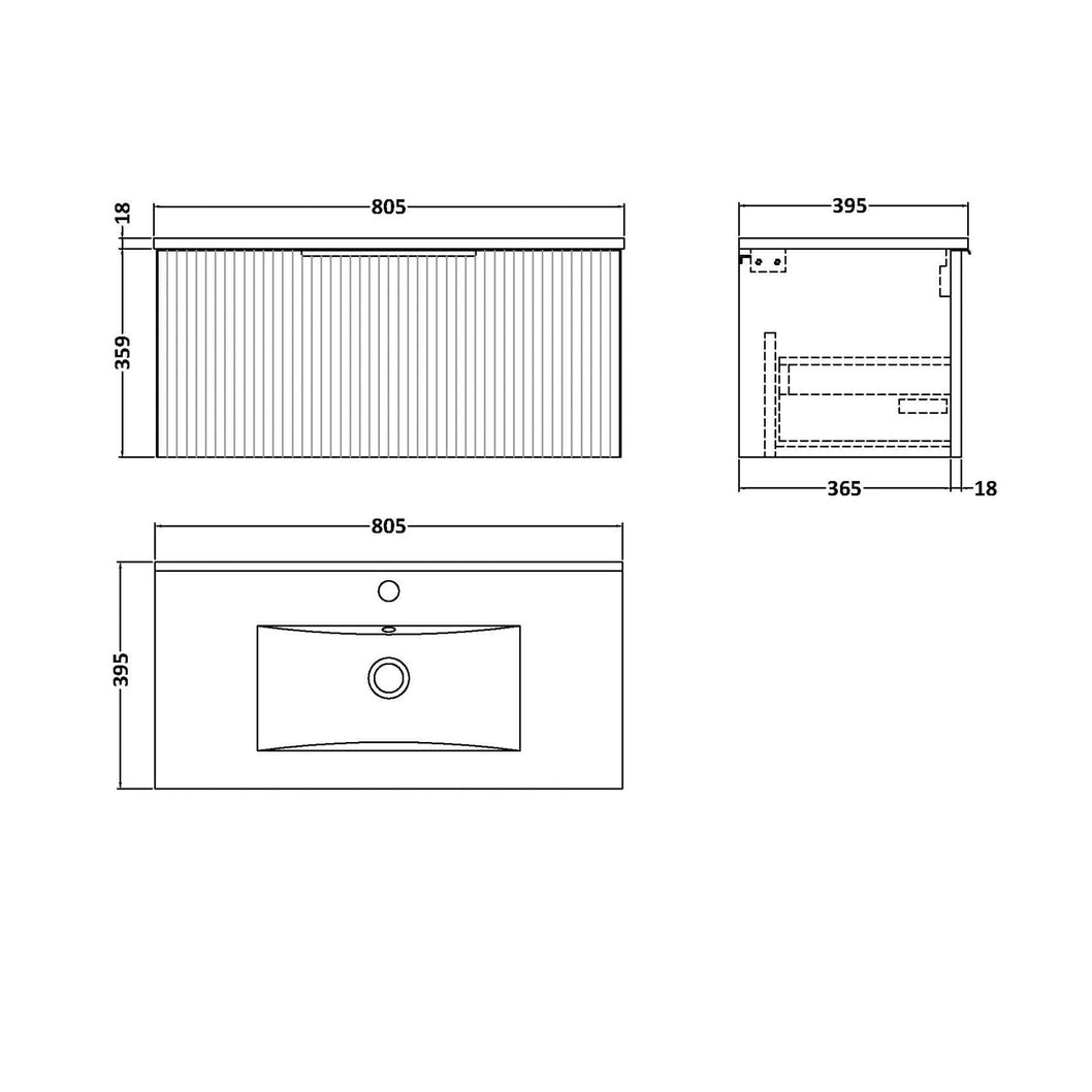 Hudson Reed Fluted 800mm Wall Hung Single Drawer Vanity & Basin 2 Contemp Satin White MFC Painted Gloss 377x800x390mm - JJ Building Materials