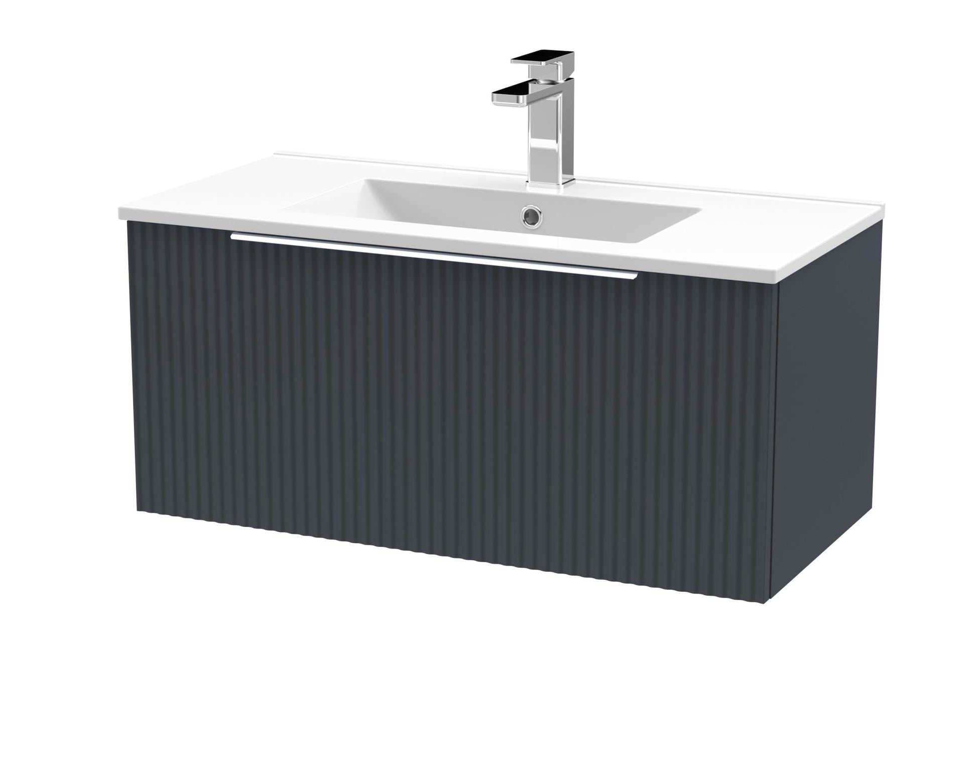 Hudson Reed Fluted 800mm Wall Hung Single Drawer Vanity & Basin 2 Contemp Soft Black MFC Painted Gloss 377x800x390mm - JJ Building Materials