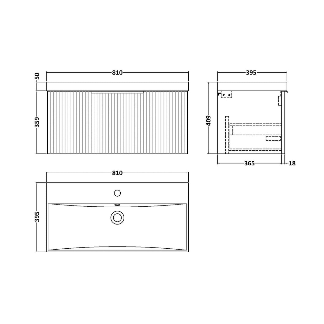Hudson Reed Fluted 800mm Wall Hung Single Drawer Vanity & Basin 3 Contemp Satin Green MFC Painted Gloss 409x810x395mm - JJ Building Materials