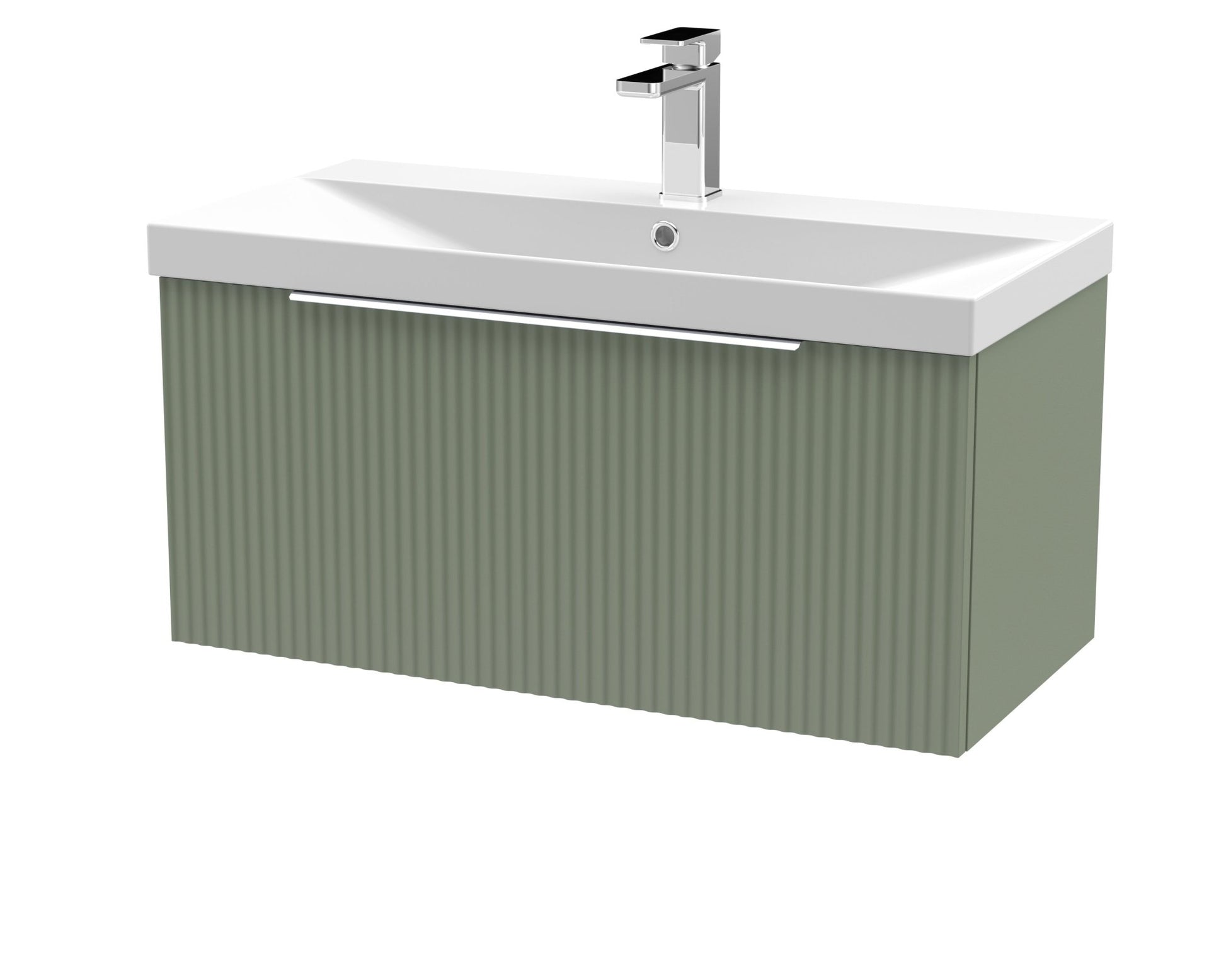 Hudson Reed Fluted 800mm Wall Hung Single Drawer Vanity & Basin 3 Contemp Satin Green MFC Painted Gloss 409x810x395mm - JJ Building Materials