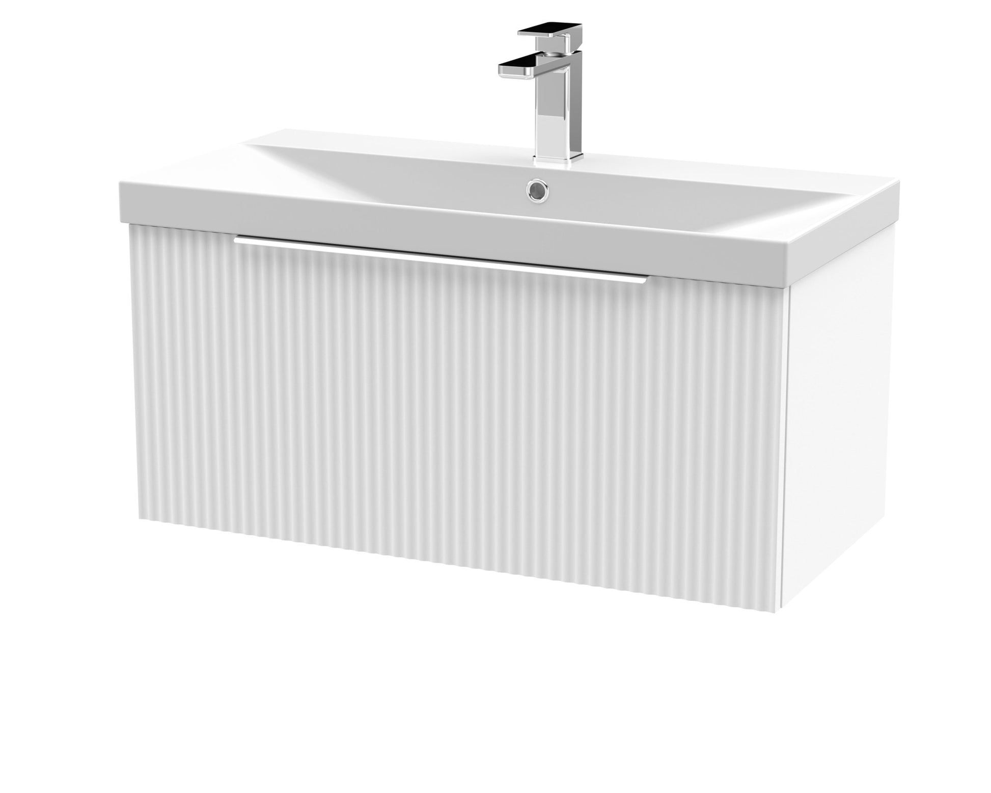 Hudson Reed Fluted 800mm Wall Hung Single Drawer Vanity & Basin 3 Contemp Satin White MFC Painted Gloss 409x810x395mm - JJ Building Materials