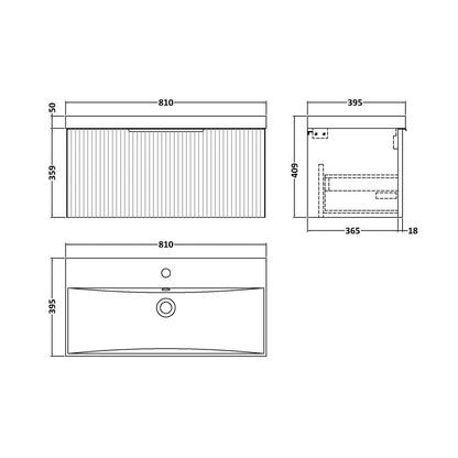 Hudson Reed Fluted 800mm Wall Hung Single Drawer Vanity & Basin 3 Contemp Soft Black MFC Painted Gloss 409x810x395mm - JJ Building Materials