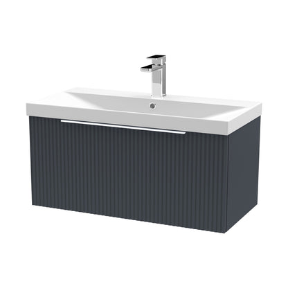 Hudson Reed Fluted 800mm Wall Hung Single Drawer Vanity & Basin 3 Contemp Soft Black MFC Painted Gloss 409x810x395mm - JJ Building Materials