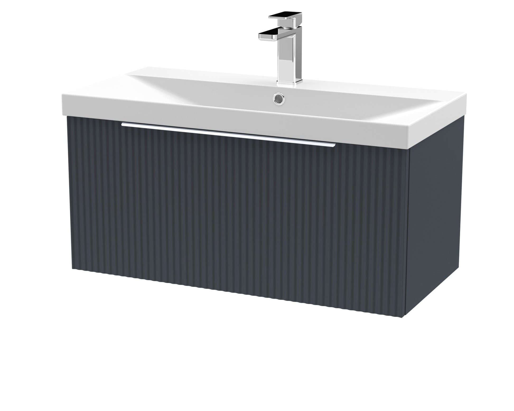 Hudson Reed Fluted 800mm Wall Hung Single Drawer Vanity & Basin 3 Contemp Soft Black MFC Painted Gloss 409x810x395mm - JJ Building Materials