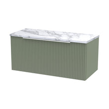 Hudson Reed Fluted 800mm Wall Hung Single Drawer Vanity & Laminate Worktop Contemp Satin Green MFC Painted Gloss 381x805x390mm - JJ Building Materials