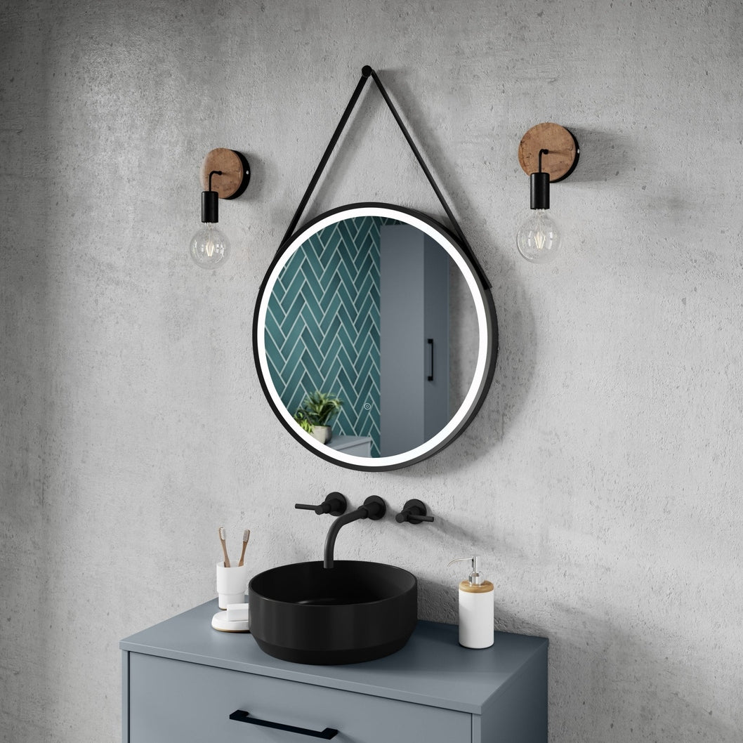 Hudson Reed Framed Led Touch Sensor Mirrors 600mm Round Illuminated Mirror Contemp Matt Black Aluminium 600x600x40mm - JJ Building Materials